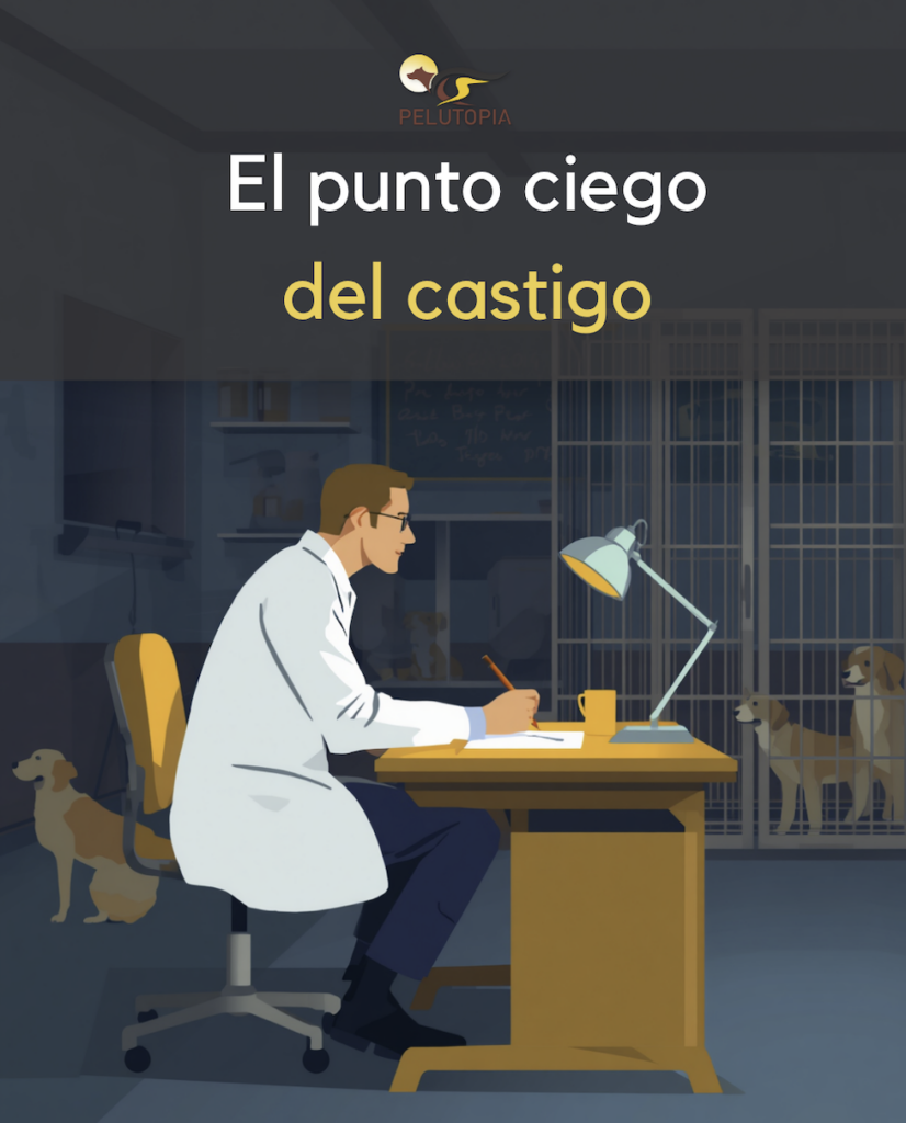 Un veterinario escribe de noche junto a unas jaulas con perros, con el texto "El punto ciego del castigo".