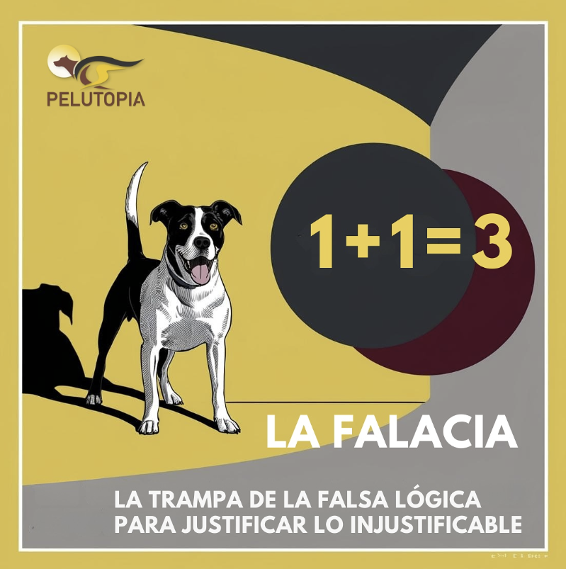 Un perro junto al texto "1+1=3, la falacia: la trampa de la falsa lógica para justificar lo injustificable".