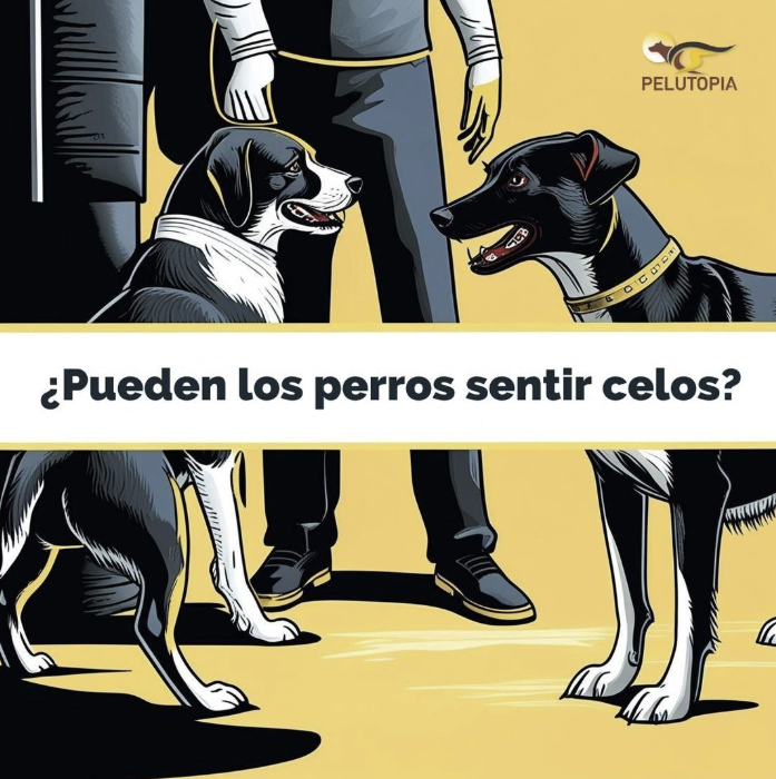 Dos perros se miran fijamente junto a su humano, con el texto "¿Pueden los perros sentir celos?".